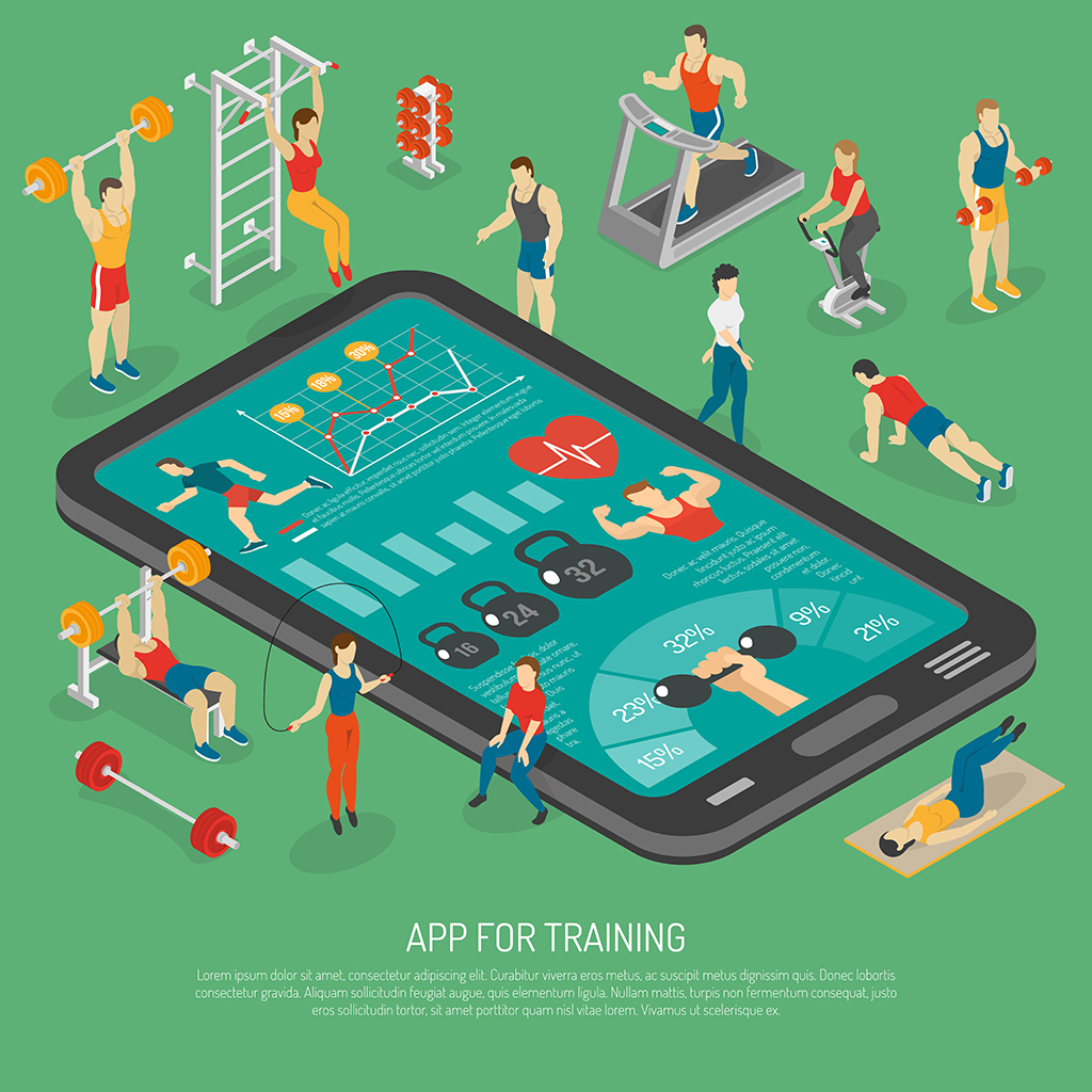 Best fitness training with smart phone accessories apps to stay in shape isometric poster abstract vector illustration